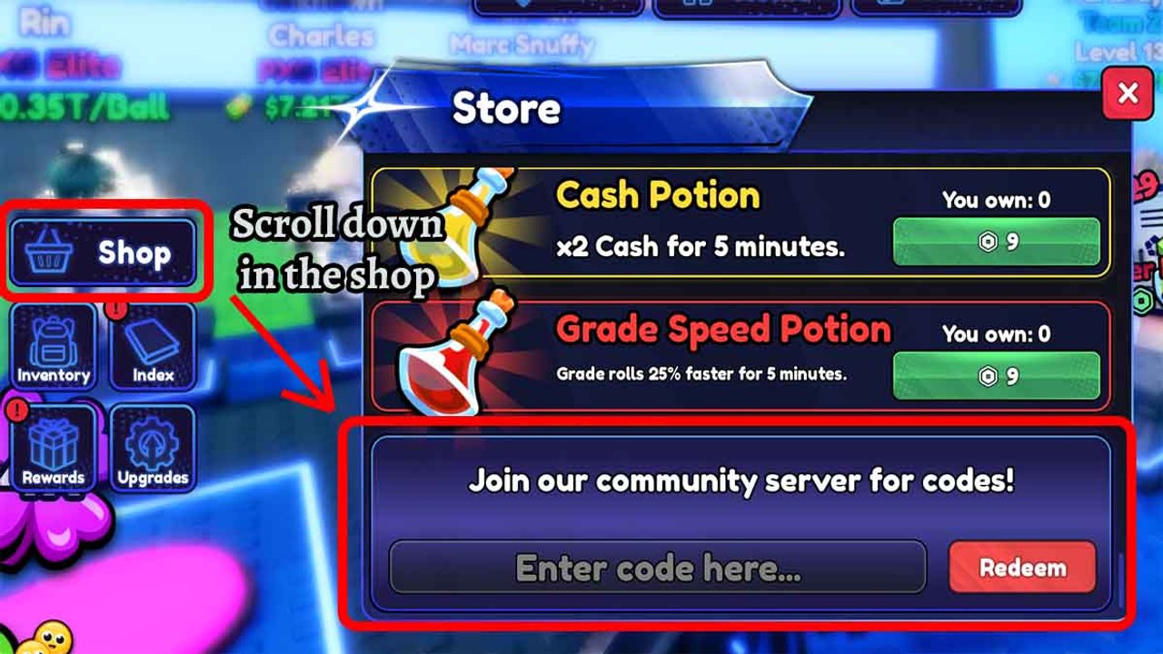 Blue Lock Farm shop and code redeem screen on Roblox